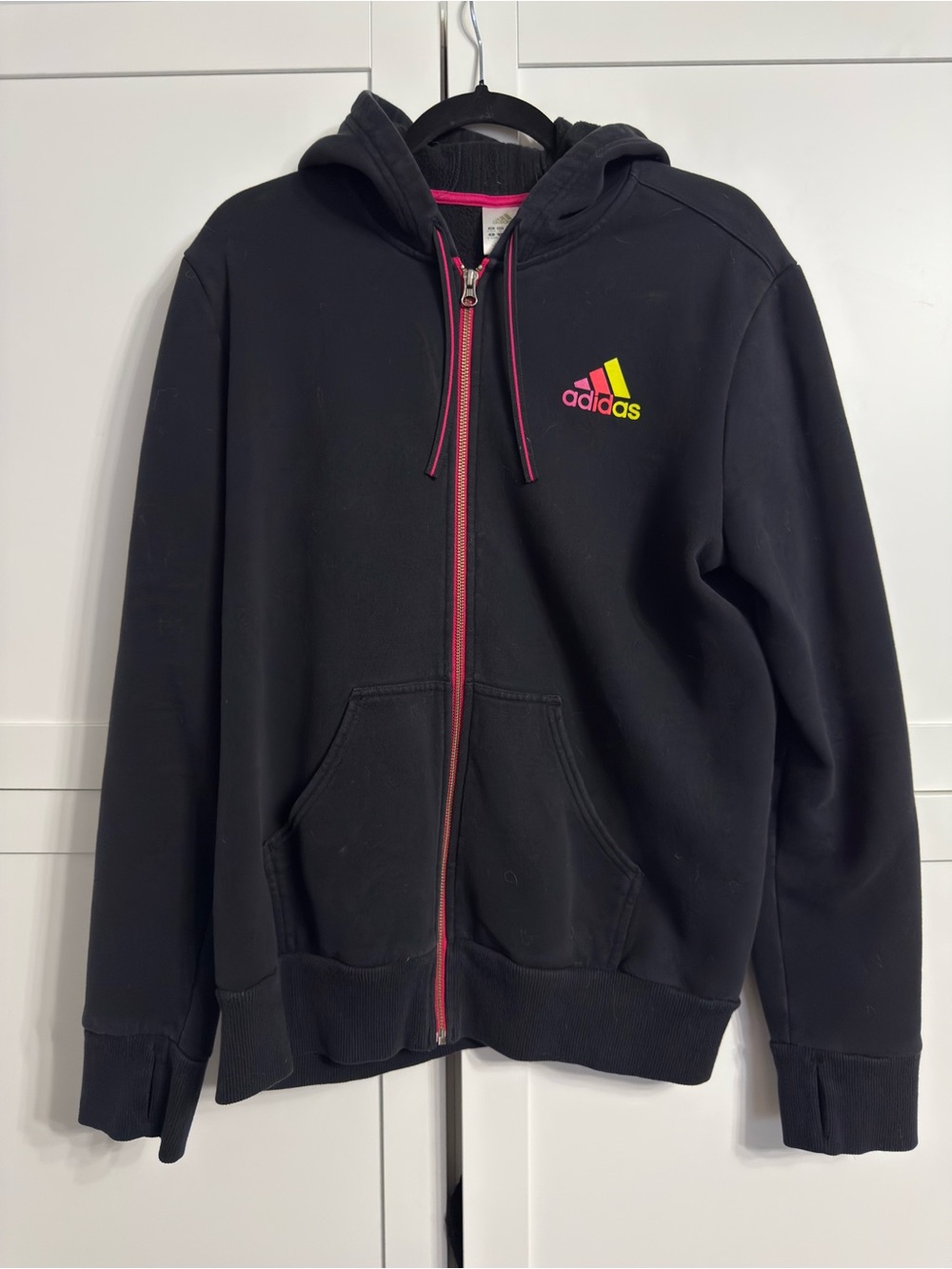 Adidas Black Zip Up Hoodie Pink Striped Hood Thumb Holes XL w/ Thumb Holes